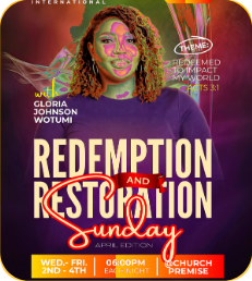 ‘Redemption and Restoration Sunday’ poster with a guest speaker in purple and red script lettering on gold