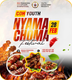 ‘Nyama Choma Festival’ poster with grilled meat, flames and bold red-orange lettering