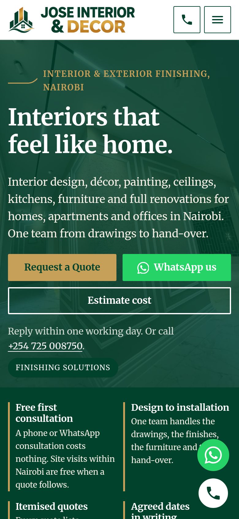 Jose Interior & Decor homepage on a phone, with full-width Request a Quote and WhatsApp buttons