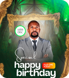 Birthday design with a man in a grey suit inside a gold frame, against deep green