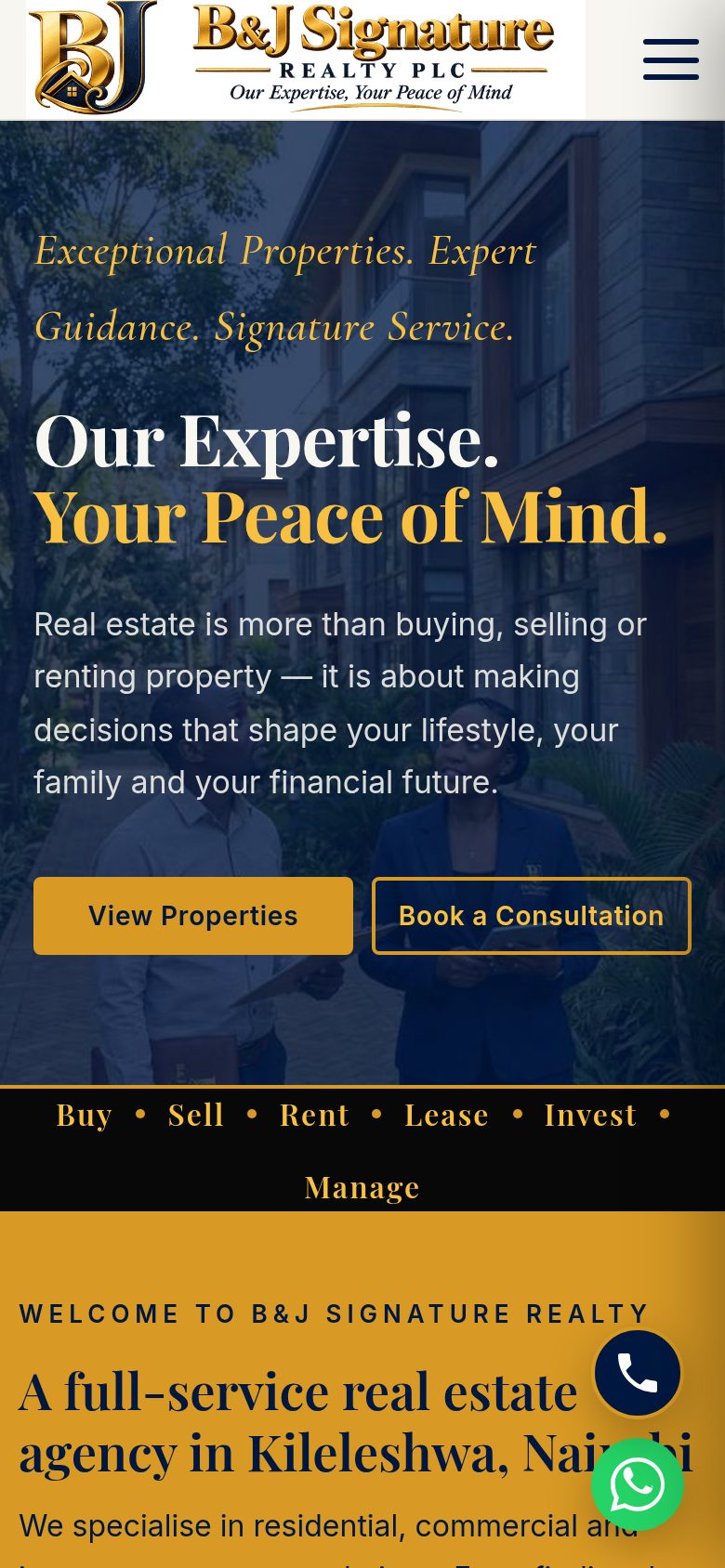 B&J Signature Realty homepage on a phone, with View Properties and Book a Consultation buttons