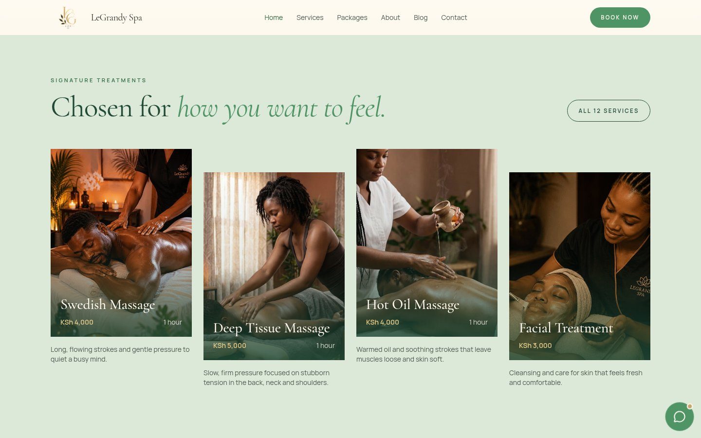 LeGrandy Spa signature treatments section on a pale sage background, with four treatment cards showing prices and durations