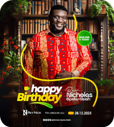 Birthday design with a man in a red patterned shirt in front of bookshelves