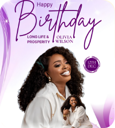 ‘Happy Birthday’ design in purple script with a woman in white