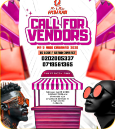 ‘Call for Vendors’ poster for a pageant market day, with a pink market stall and shopping bags