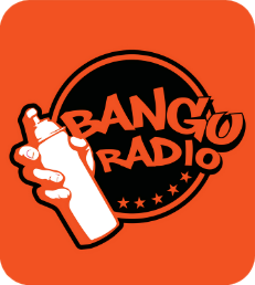 Bango Radio logo: a hand holding a spray can beside bold hand-drawn lettering in a black circular badge on orange