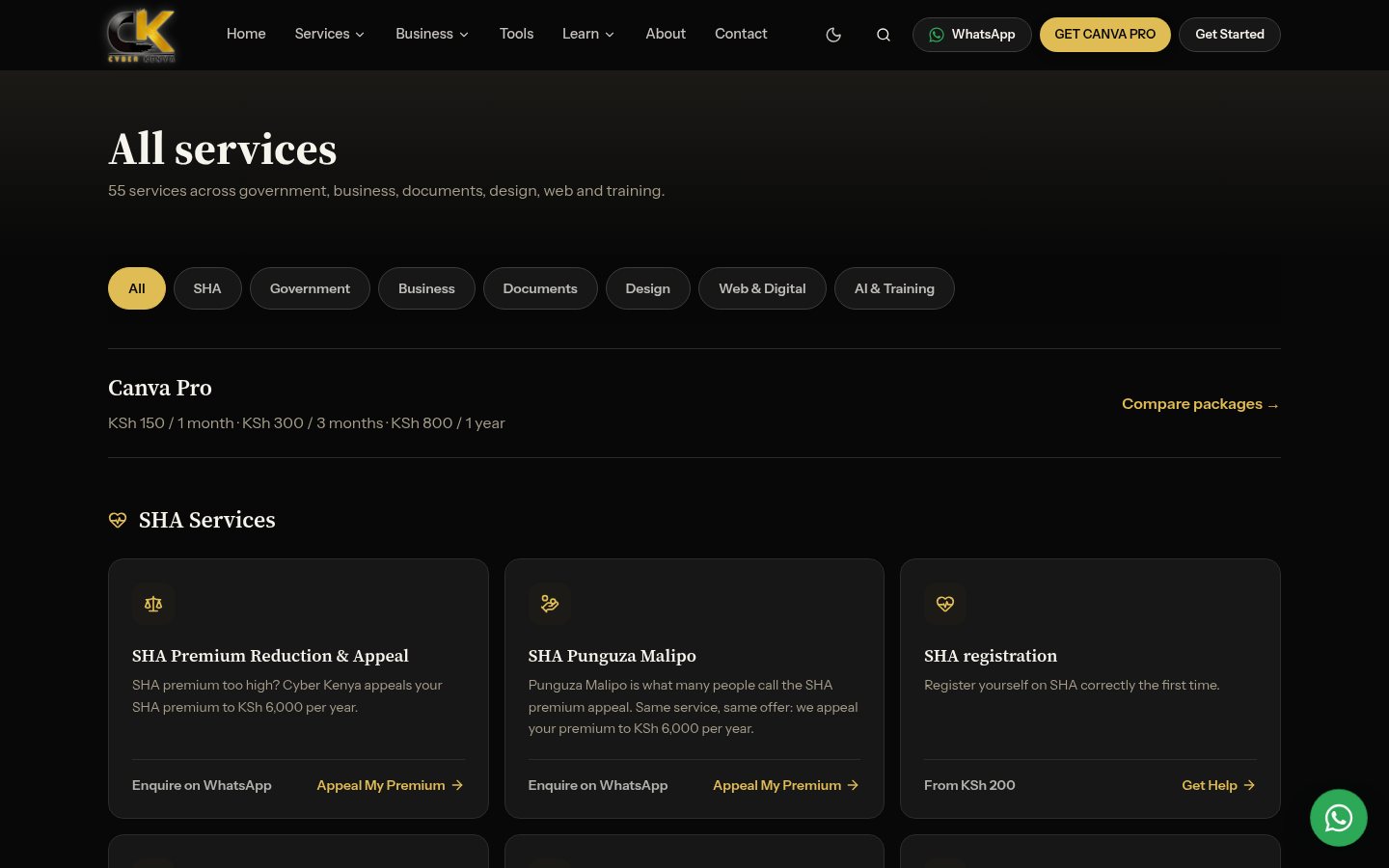 Cyber Kenya services page with category filters and service cards showing what each service costs