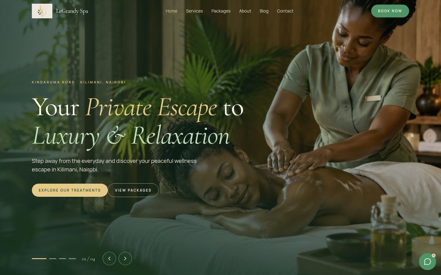 LeGrandy Spa homepage with the headline “Your Private Escape to Luxury & Relaxation” in cream and gold serif type over a soft green-toned treatment photo