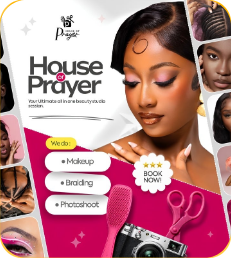 Beauty services poster offering makeup, braiding and photoshoots, with a woman’s portrait on pink