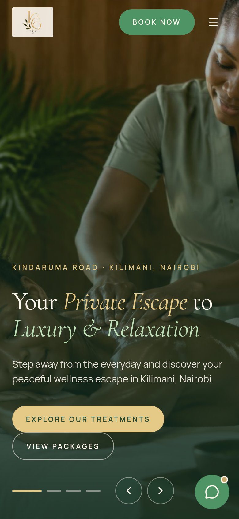 LeGrandy Spa homepage on a phone, with a Book Now button and large Explore Our Treatments and View Packages buttons
