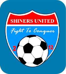 Shiners United football club crest: a red and blue shield with a football and the motto ‘Fight to Conquer’