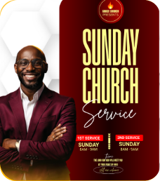 ‘Sunday Church Service’ poster in maroon and gold with a pastor in a burgundy suit and two service times