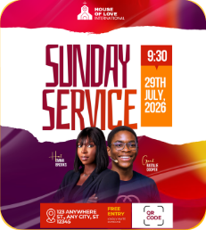‘Sunday Service’ poster with torn-paper red, yellow and white layers, two hosts and a bold date block