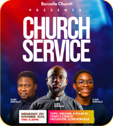 ‘Church Service’ poster with a tall white headline over three church elders, on red and blue