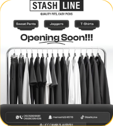 ‘Opening Soon’ poster for a clothing shop, with a rail of black and grey garments