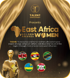 Black and gold awards poster with stage curtains, a map of Africa and East African flags