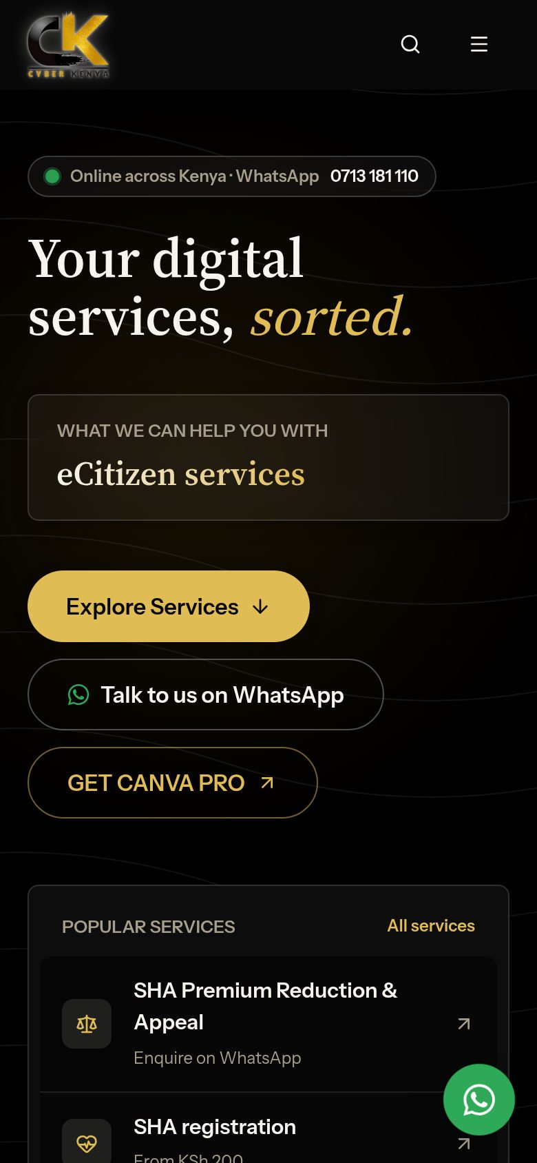 Cyber Kenya homepage on a mobile phone with large WhatsApp and Explore Services buttons