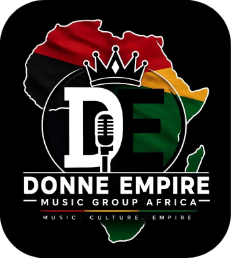 Donne Empire logo: a DE monogram with a microphone and crown over a map of Africa in red, gold and green