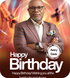 ‘Happy Birthday’ design with a man in a checked blazer on a warm brown background