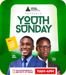 ‘Youth Sunday’ poster in green and white with two young men in suits and the date and time