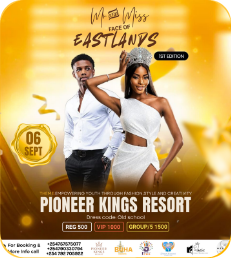 Pageant poster in gold with a man and woman in white, the date badge and ticket prices
