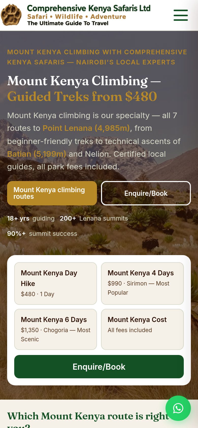 Comprehensive Kenya Safaris homepage on a phone, with route and booking buttons above package cards