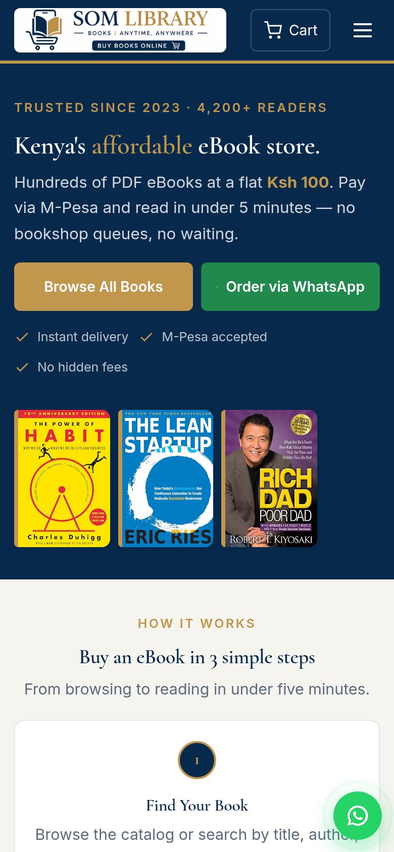 SOM Library homepage on a phone, with browse and WhatsApp buttons above three book covers
