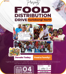 ‘Food Distribution Drive’ poster in purple and white with photos of children and a donation call
