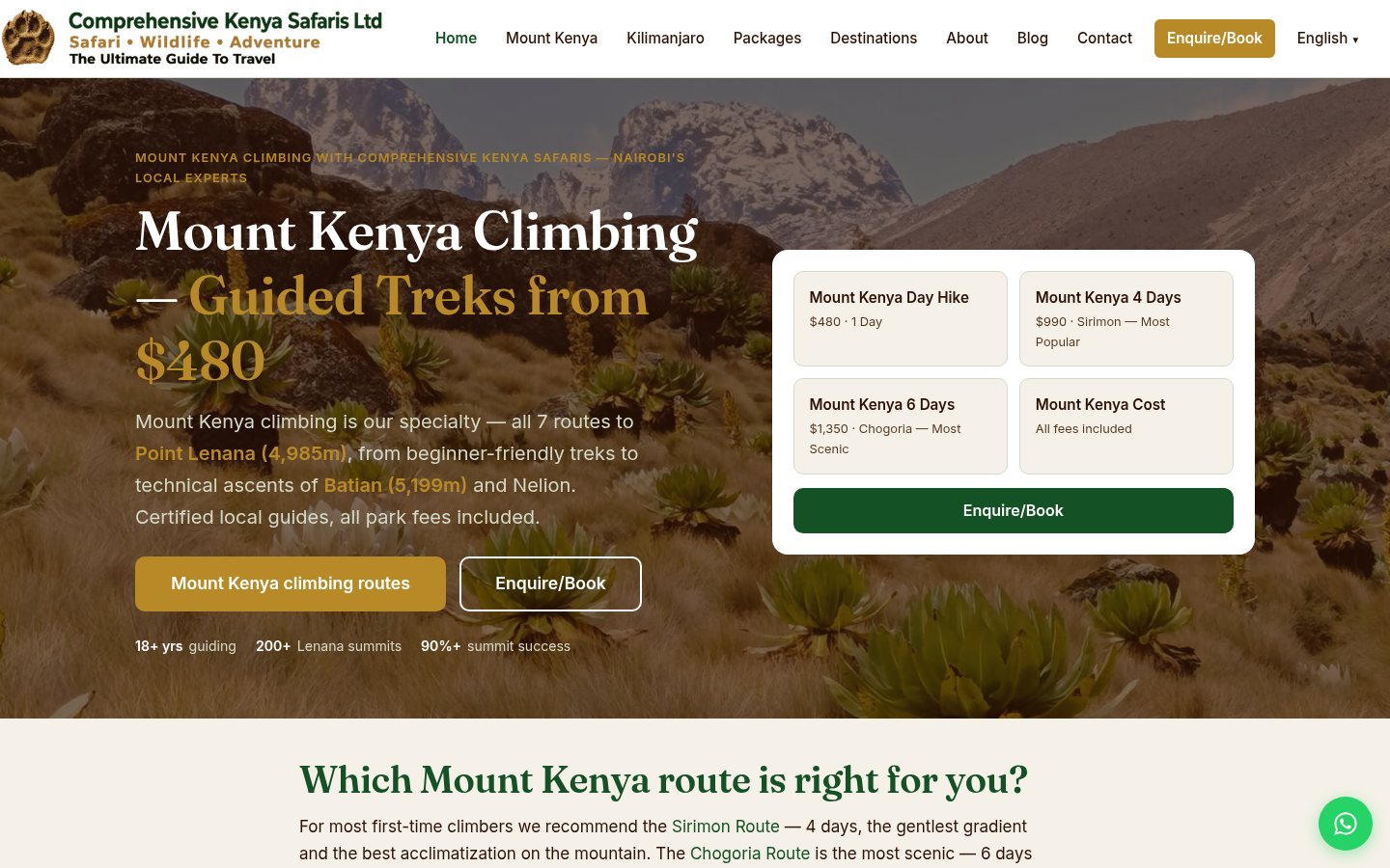 Comprehensive Kenya Safaris homepage with a Mount Kenya climbing headline over a mountain photo and a panel of climbing packages