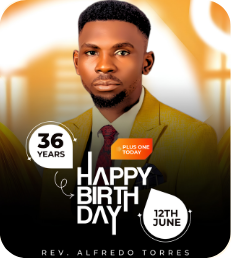 ‘Happy Birthday, 36 years’ design with a young man in a gold blazer and a date badge