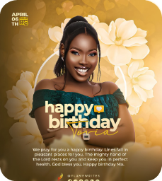Birthday design with a woman in green, cream flowers and a short prayer