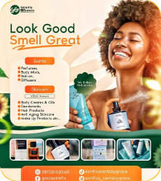 ‘Look Good, Smell Great’ advert with a smiling woman, a product list and product thumbnails