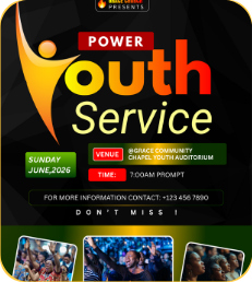 ‘Power Youth Service’ poster on black, with an orange figure forming the letter Y and crowd photos below