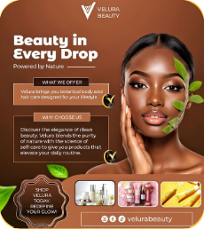 ‘Beauty in Every Drop’ skincare advert in brown and gold with a woman, leaves and product shots