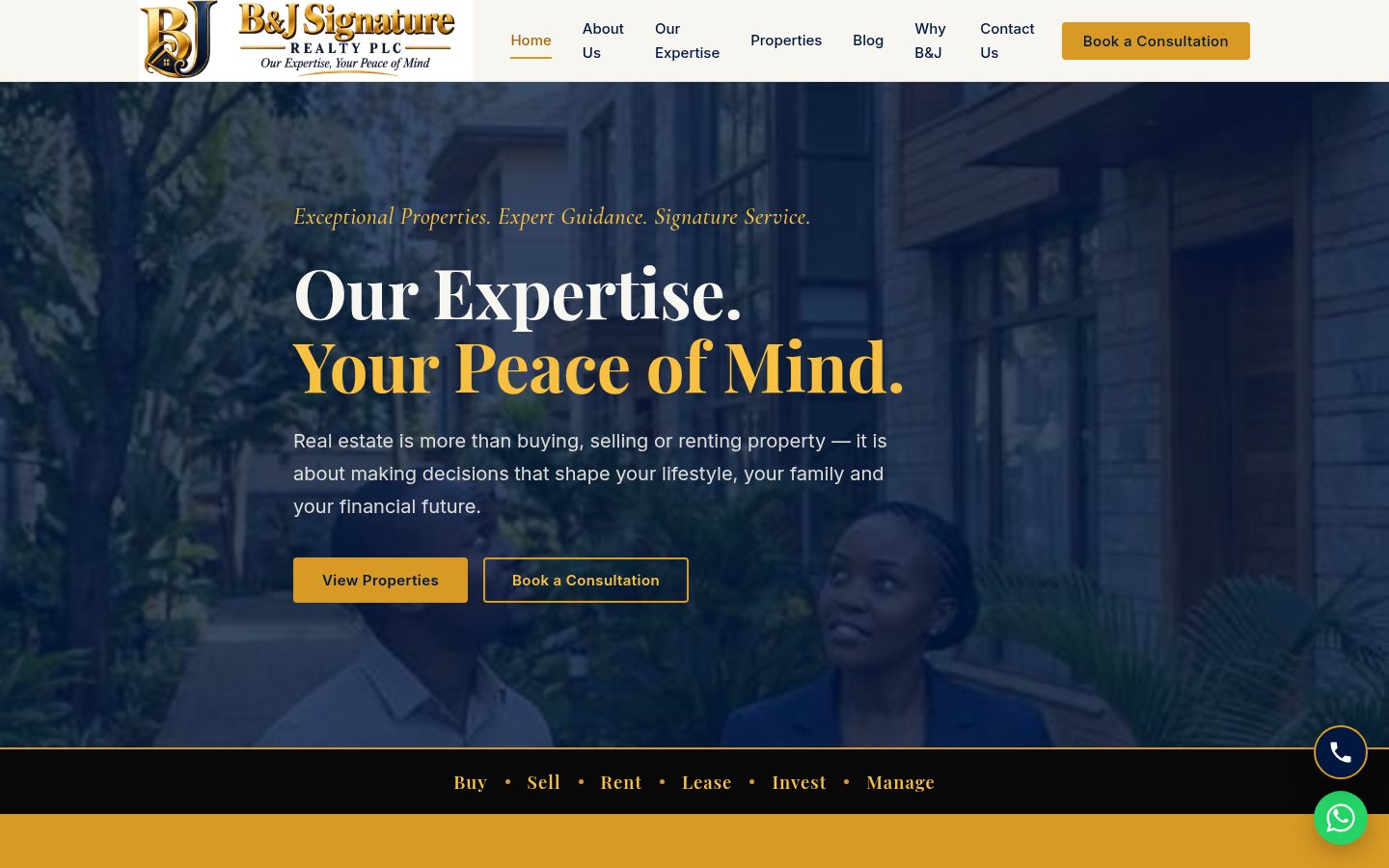 B&J Signature Realty homepage with the headline “Our Expertise. Your Peace of Mind.” in white and gold over a dark photo