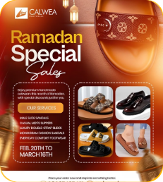 ‘Ramadan Special Sales’ footwear poster in brown and orange with a grid of shoe photos